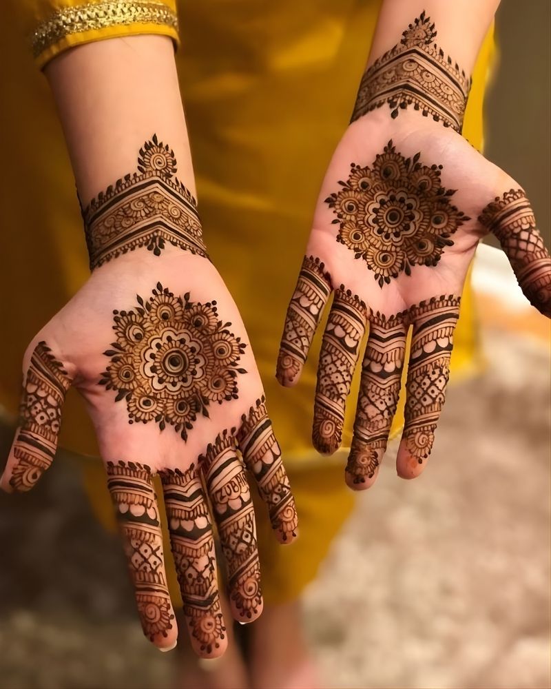 Front hand mehndi design photographed in natural light