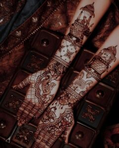 Close-up of intricate bridal mehndi detailing