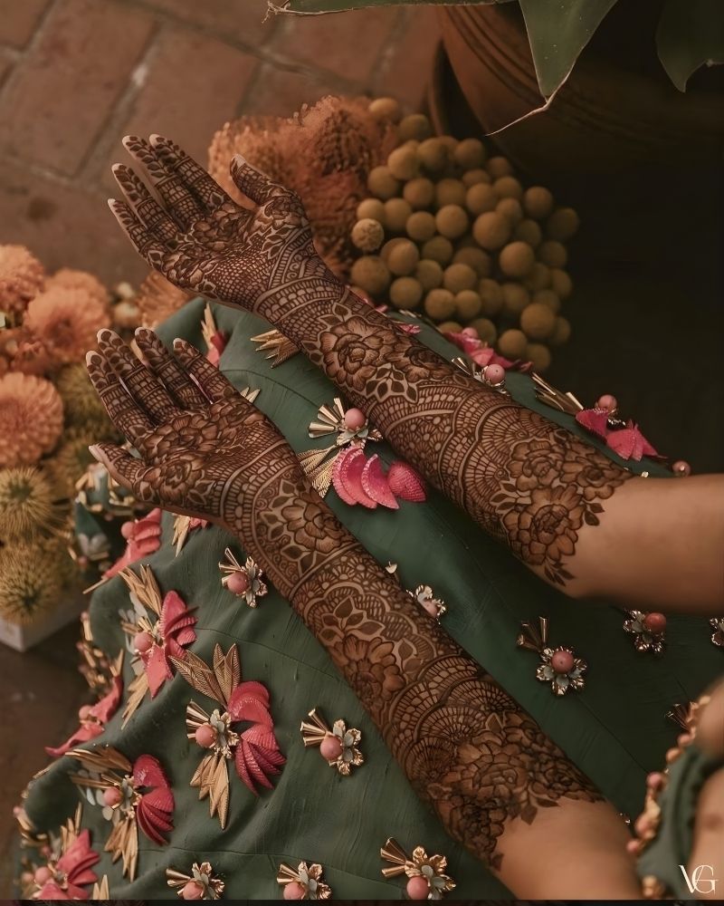 Full hand mehndi design photographed during a wedding function