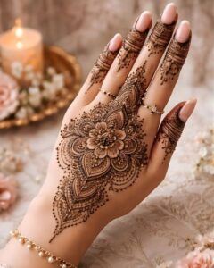 Close-up of Arabic mehndi floral detailing