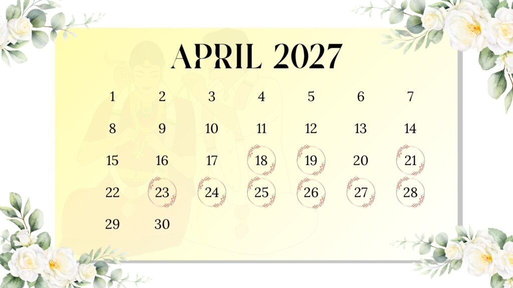 April 2027 shaadi muhurat calendar with Hindu wedding dates 18, 19, 21, 23, 24, 25, 26, 27, 28