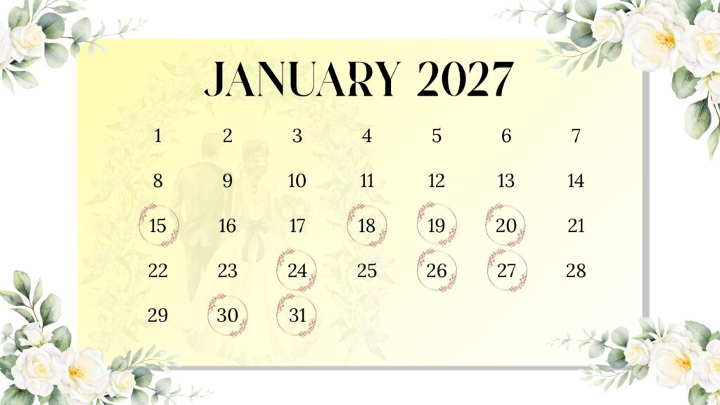 January 2027 shaadi muhurat calendar with Hindu wedding dates 15, 18, 19, 20, 24, 26, 27, 30, 31