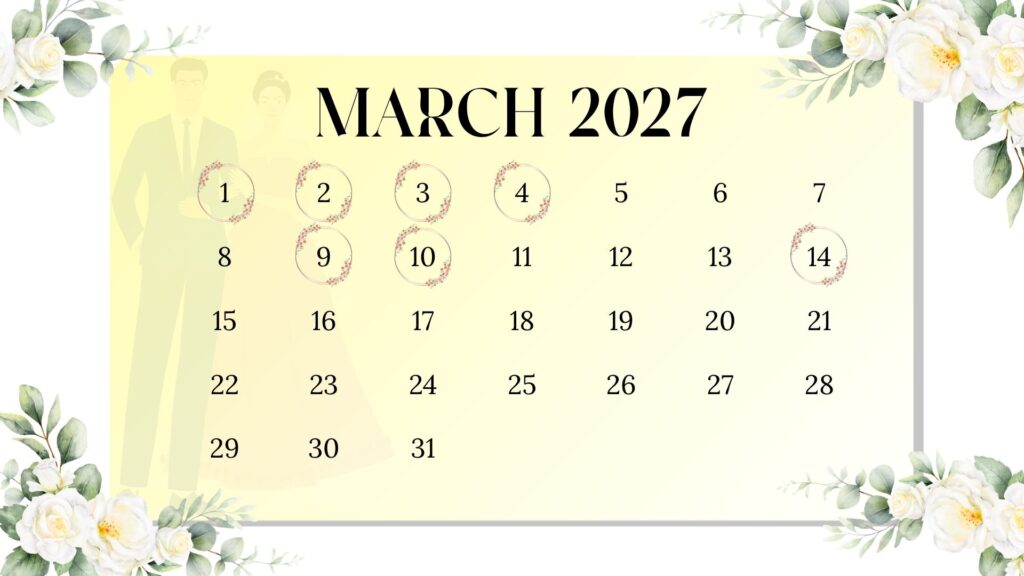 March 2027 shaadi muhurat calendar with Hindu wedding dates 1, 2, 3, 4, 9, 10, 14