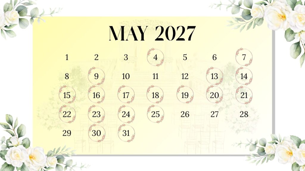 May 2027 shaadi muhurat calendar with Hindu wedding dates 4, 7, 9, 13–25, 30, 31