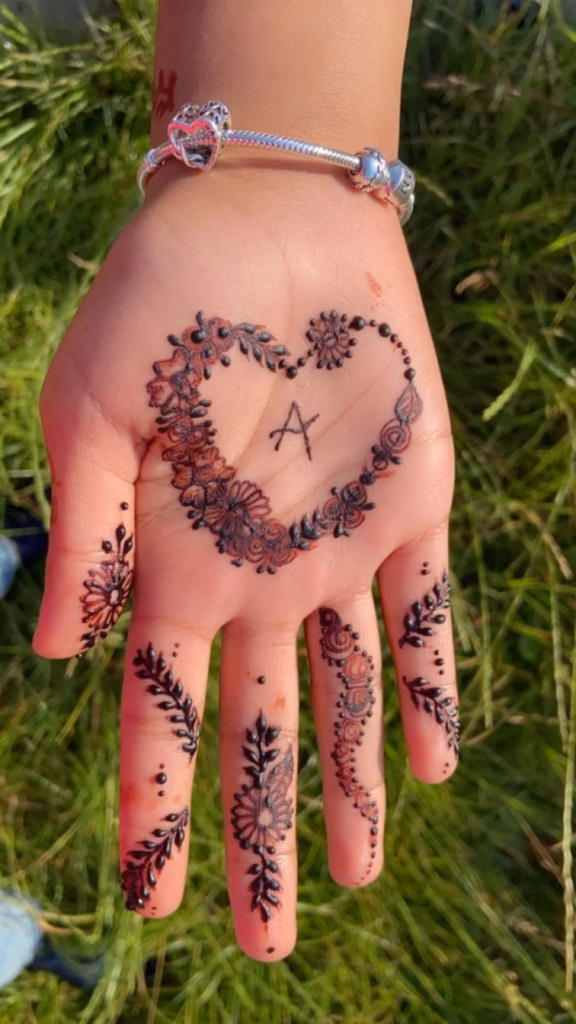 Teen Front Hand Mehndi Initials Vine Work Design