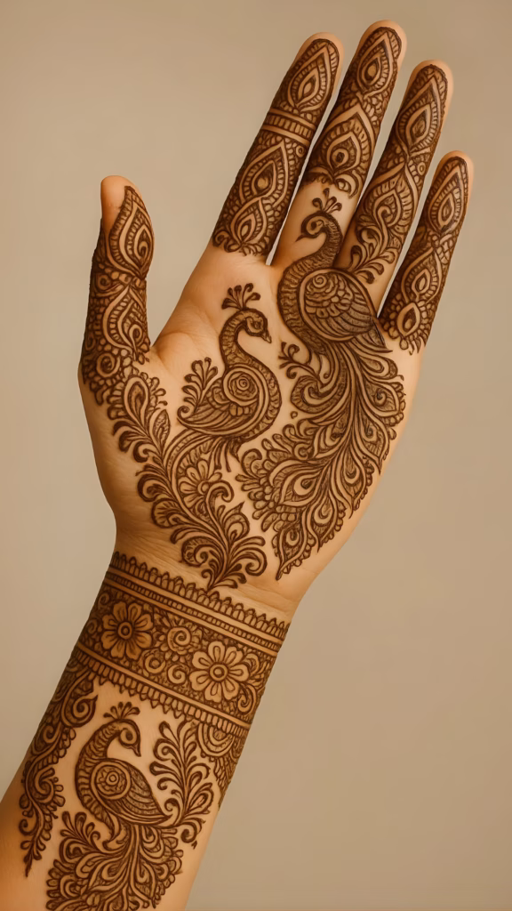 Rajasthani Mehndi Front Hand Peacock And Floral Layers