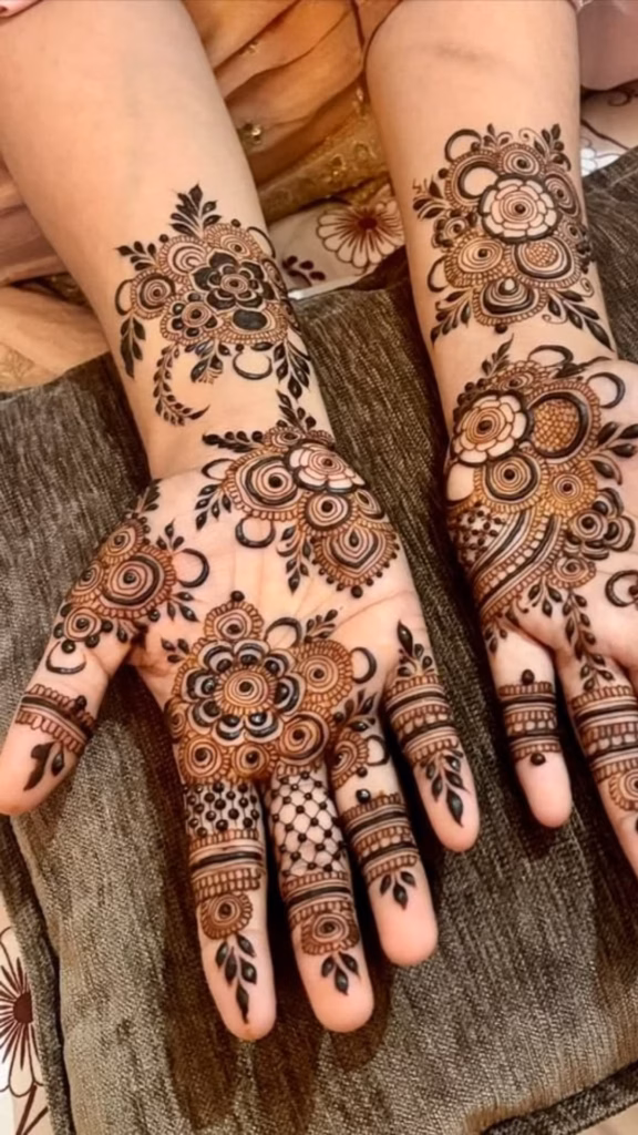 Detailed Mandala Mehndi Design Front Hand Petals Dots