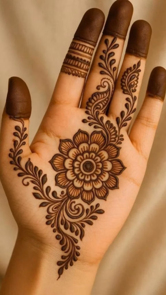 Simple Front Hand Mehndi Single Flower Centre Palm