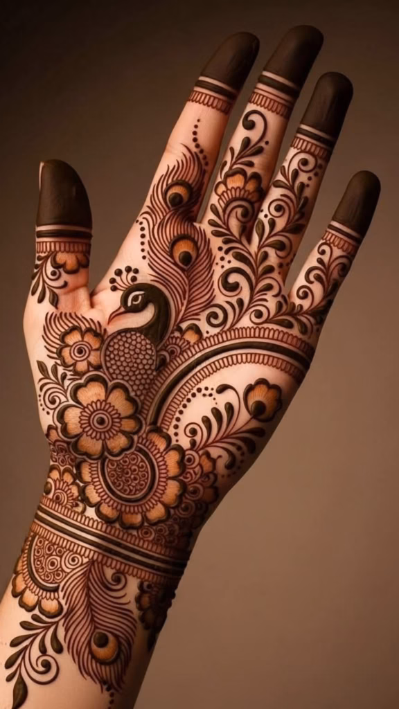 Geometric Peacock Feather Mehndi Front Hand 2026