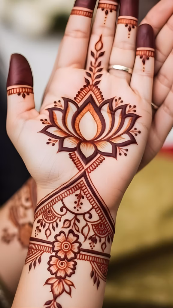 Elaborate Lotus Mehndi Front Hand Layered Petals