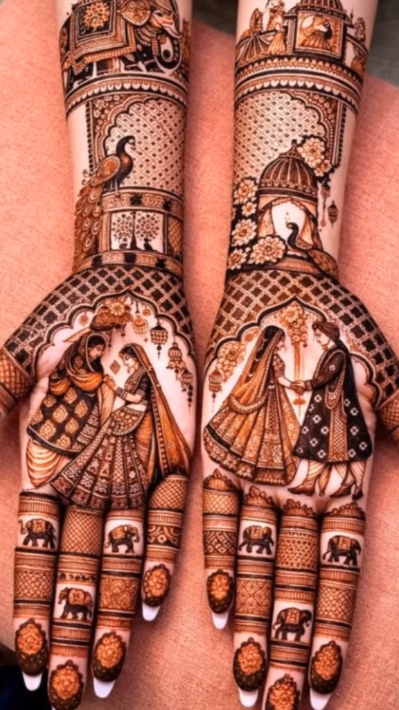 Portrait Mehndi Front Hand Jharokha Couple Scene