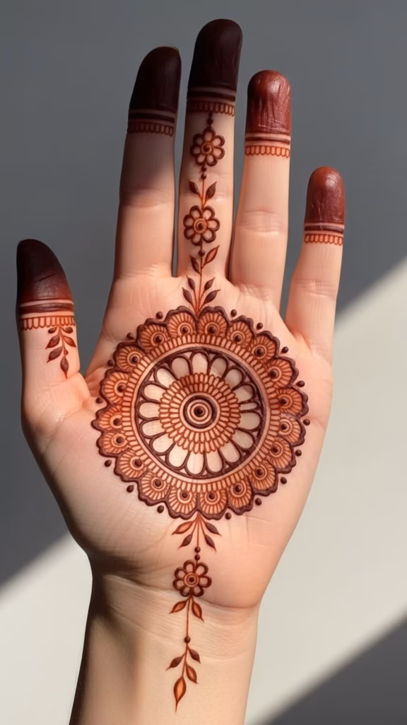 Tikki Mehndi Front Hand Petal Fill Geometric Centre