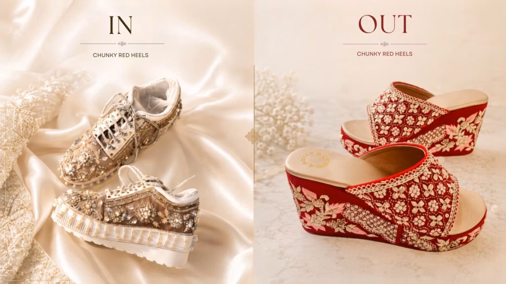 side by side chunky red bridal heels vs bejewelled bridal sneaker