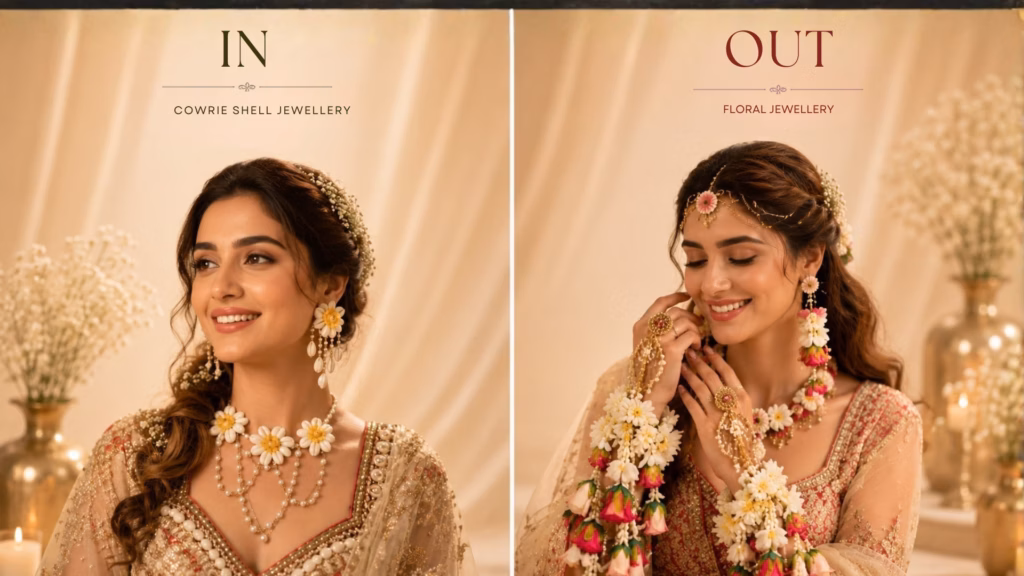 side by side floral haldi jewellery vs cowrie shell jewellery
