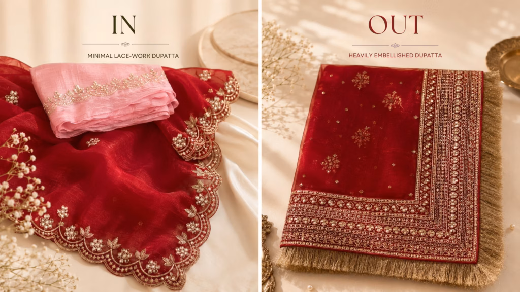 side by side heavy embellished dupatta vs lightweight lace edged dupatta