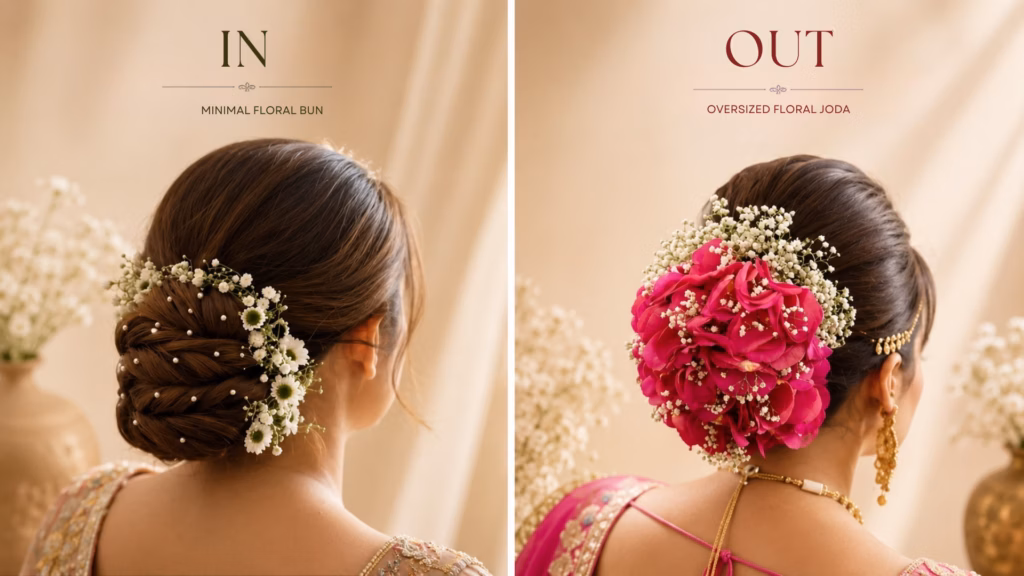 side by side oversized floral bun vs minimal floral bun
