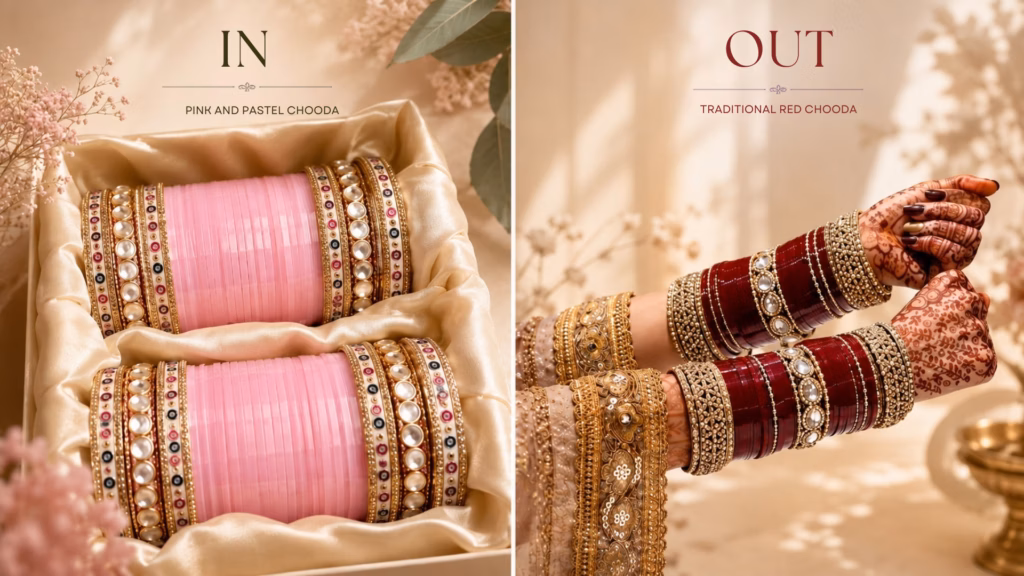 side by side red chooda vs pastel or pink chooda on bridal wrist